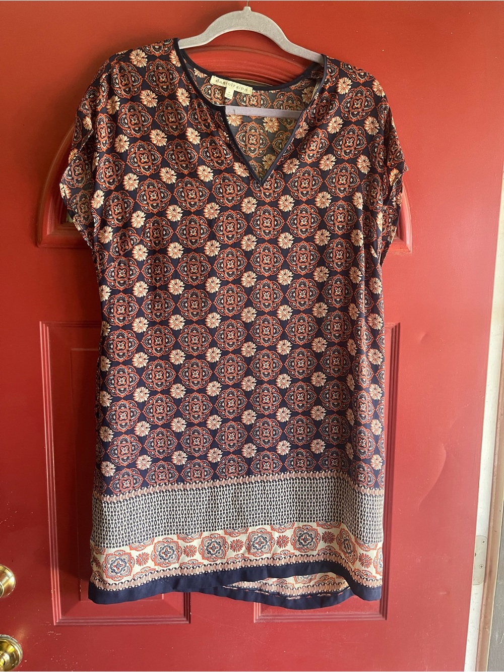 Navy & Rust Printed V-Neck Tunic Dress with pockets